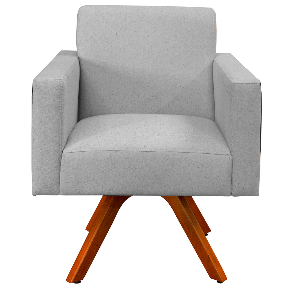 Poltrona Decorativa Base Giratória de Madeira Helô L02 Linho Cinza Couríssimo Preto - Lyam Decor