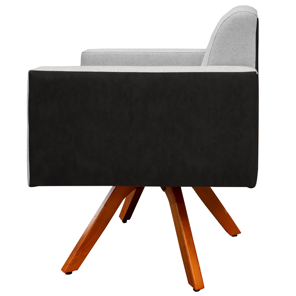 Poltrona Decorativa Base Giratória de Madeira Helô L02 Linho Cinza Couríssimo Preto - Lyam Decor