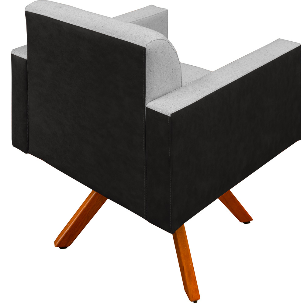 Poltrona Decorativa Base Giratória de Madeira Helô L02 Linho Cinza Couríssimo Preto - Lyam Decor