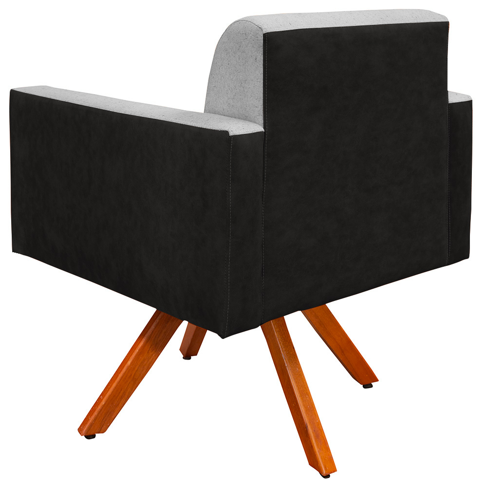 Poltrona Decorativa Base Giratória de Madeira Helô L02 Linho Cinza Couríssimo Preto - Lyam Decor