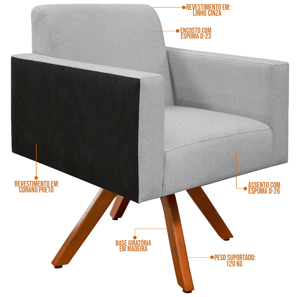 Poltrona Decorativa Base Giratória de Madeira Helô L02 Linho Cinza Couríssimo Preto - Lyam Decor