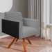Poltrona Decorativa Base Giratória de Madeira Helô L02 Linho Cinza Escuro Couríssimo Preto - Lyam Decor