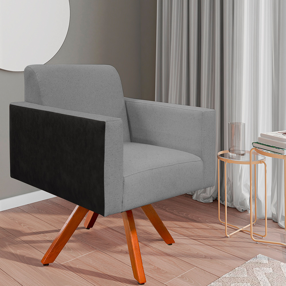 Poltrona Decorativa Base Giratória de Madeira Helô L02 Linho Cinza Escuro Couríssimo Preto - Lyam Decor