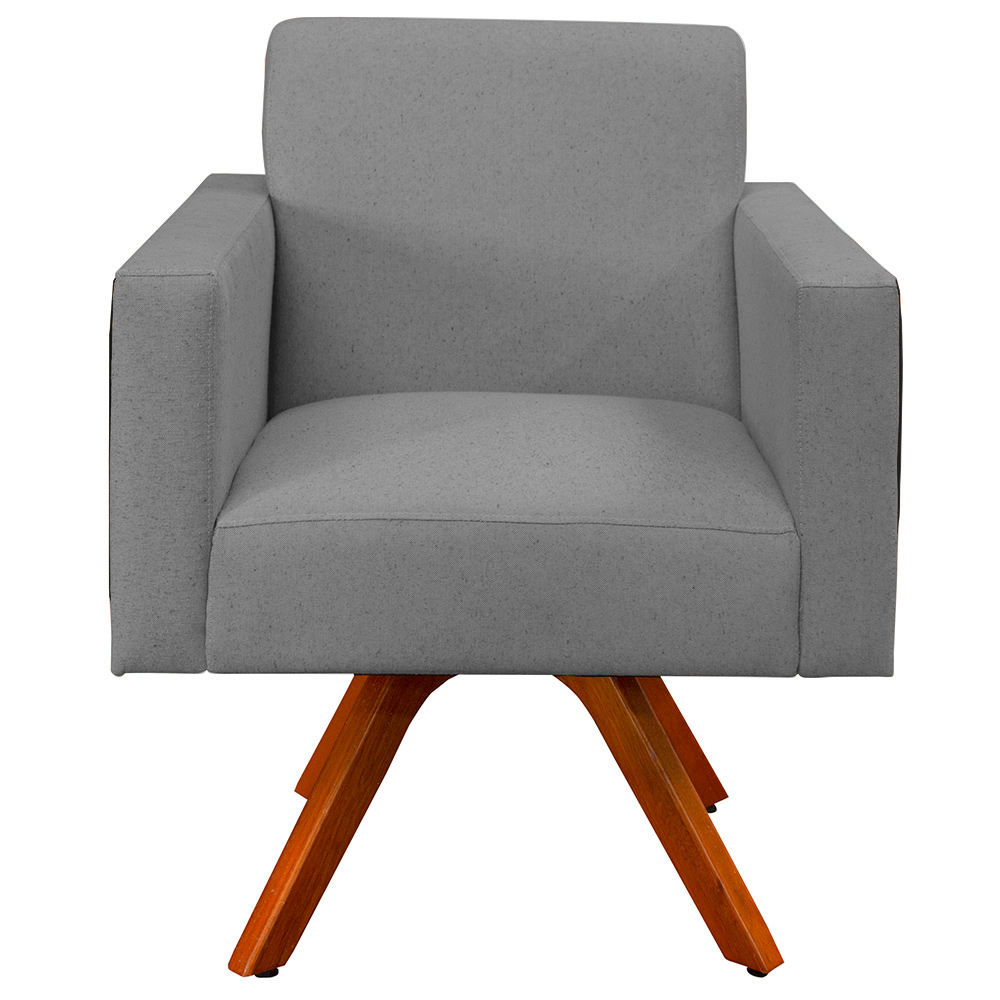 Poltrona Decorativa Base Giratória de Madeira Helô L02 Linho Cinza Escuro Couríssimo Preto - Lyam Decor