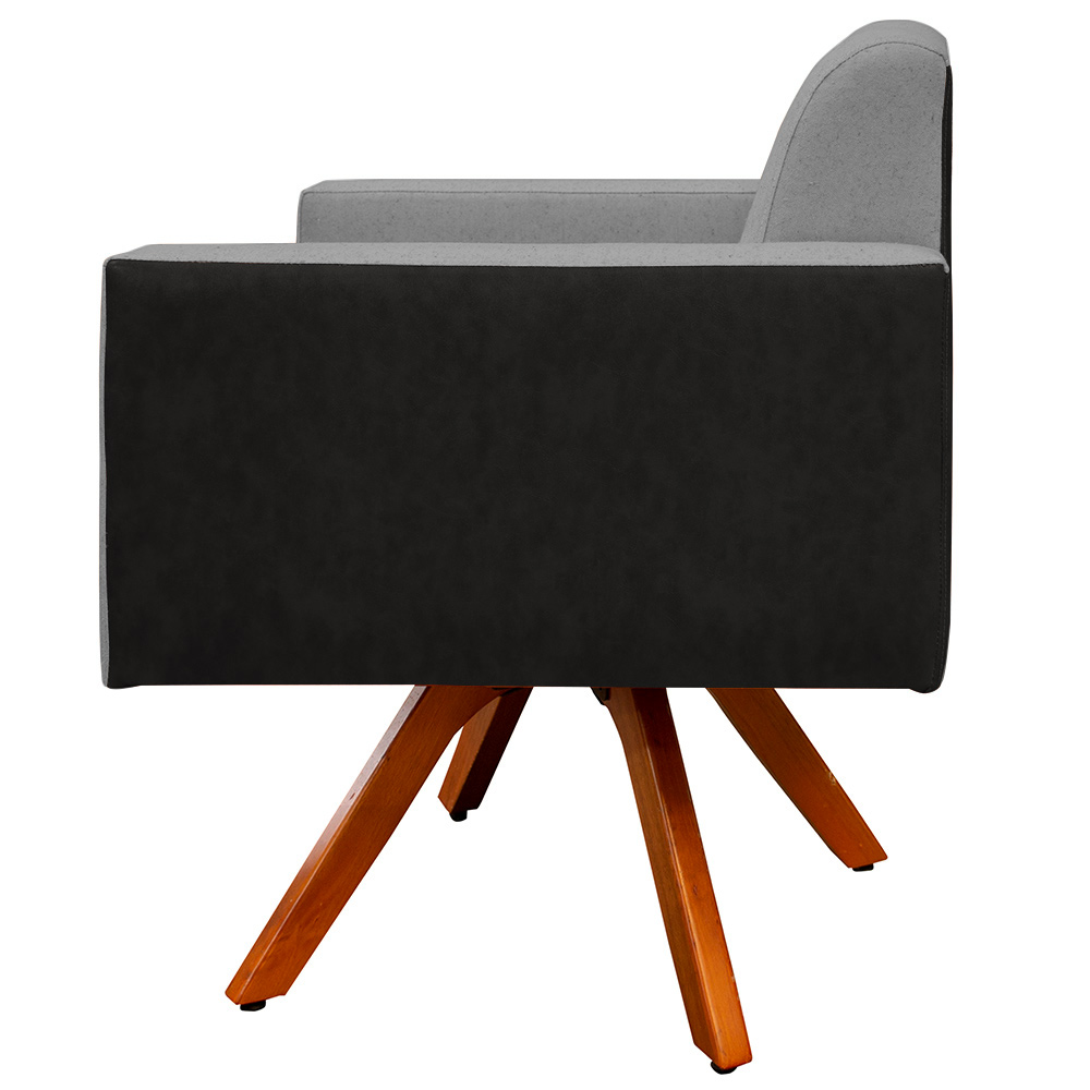 Poltrona Decorativa Base Giratória de Madeira Helô L02 Linho Cinza Escuro Couríssimo Preto - Lyam Decor