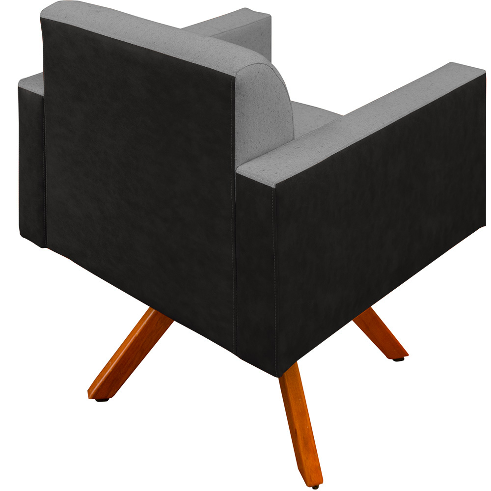 Poltrona Decorativa Base Giratória de Madeira Helô L02 Linho Cinza Escuro Couríssimo Preto - Lyam Decor