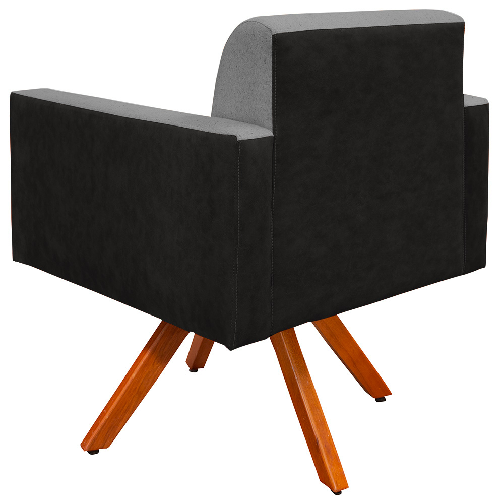 Poltrona Decorativa Base Giratória de Madeira Helô L02 Linho Cinza Escuro Couríssimo Preto - Lyam Decor