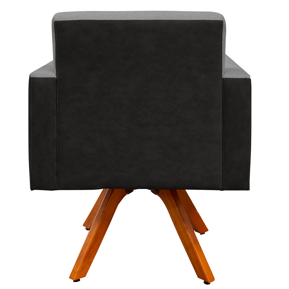 Poltrona Decorativa Base Giratória de Madeira Helô L02 Linho Cinza Escuro Couríssimo Preto - Lyam Decor