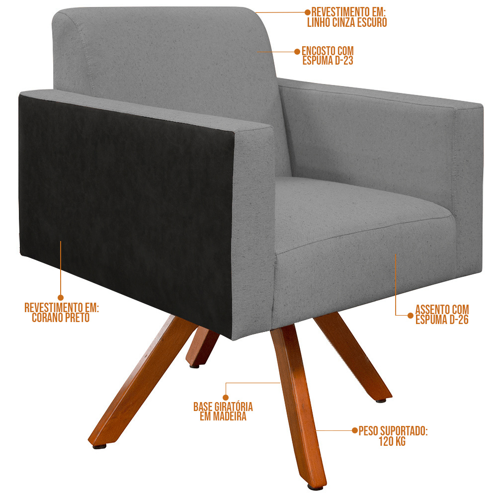 Poltrona Decorativa Base Giratória de Madeira Helô L02 Linho Cinza Escuro Couríssimo Preto - Lyam Decor