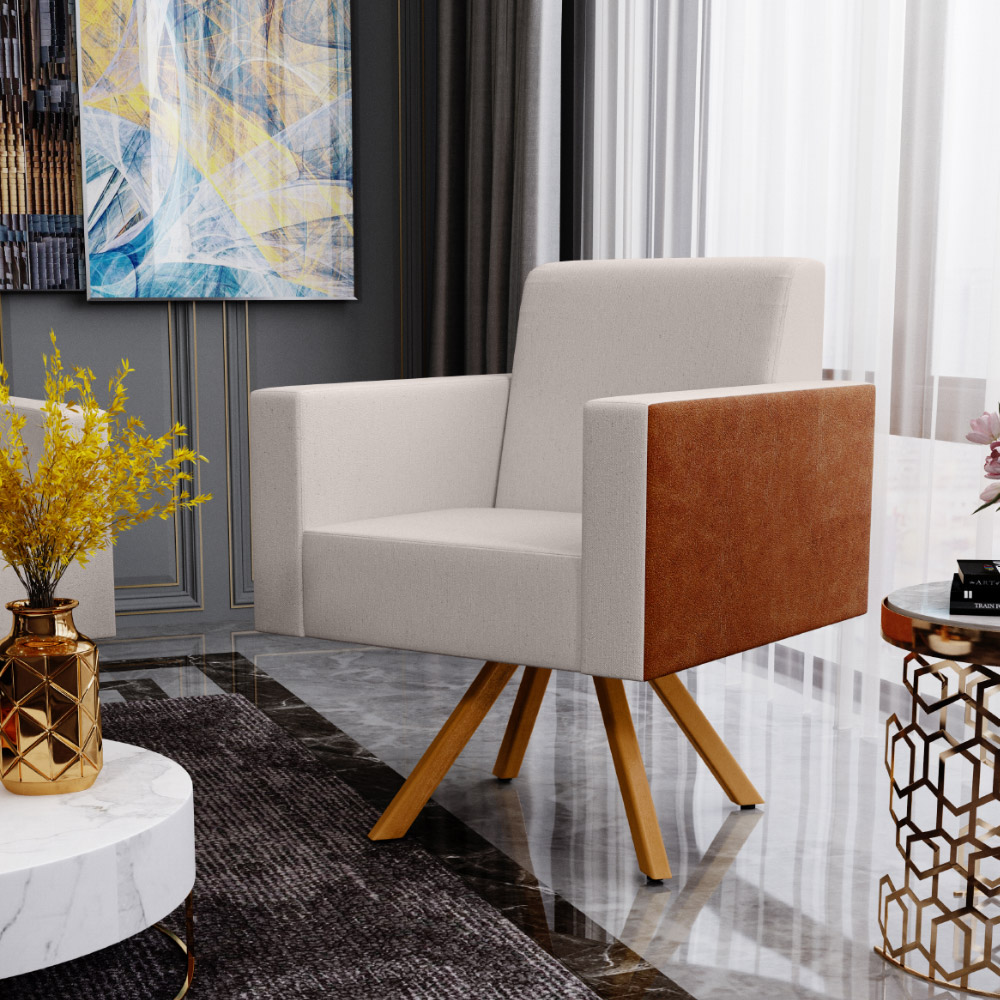 Poltrona Decorativa Base Giratória de Madeira Helô L02 Linho Cru Couríssimo Camel - Lyam Decor
