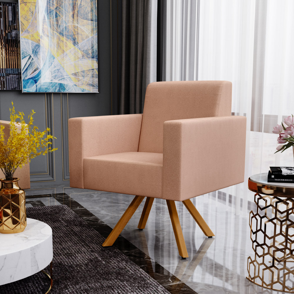 Poltrona Decorativa Base Giratória de Madeira Helô L02 Linho Rosê - Lyam Decor