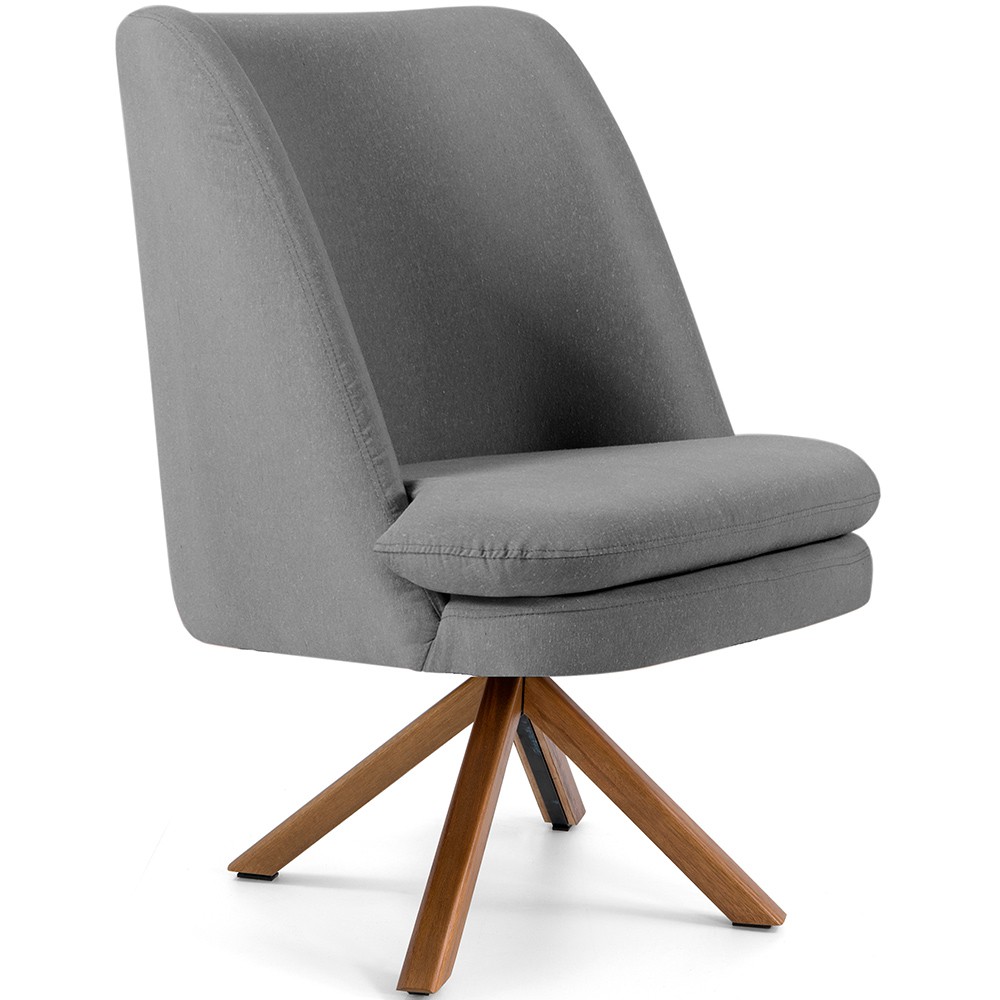 Poltrona Decorativa Base Giratória de Madeira Pérsia D02 Linho Cinza C-416 - Lyam Decor