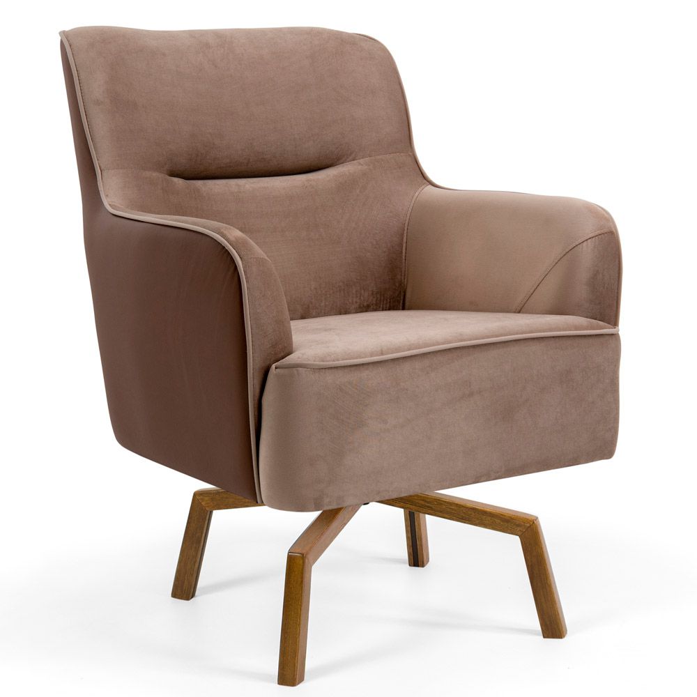 Poltrona Decorativa Base Ka Giratória Isabella D02 Veludo Importado Bege Escuro B-68 -Lyam Decor