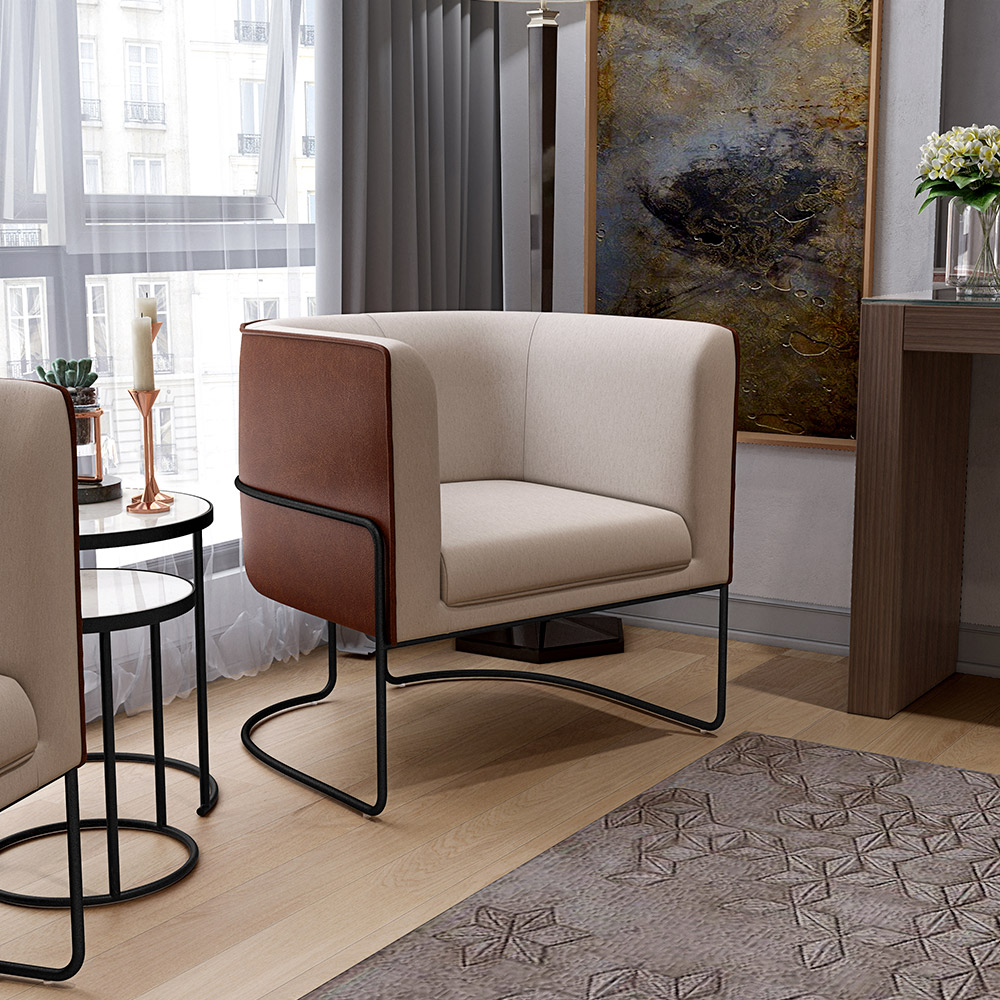 Poltrona Decorativa Fixa Base Aço Preto Betina D02 Linho Bege C-107 Corano Marrom B-38 - Lyam Decor