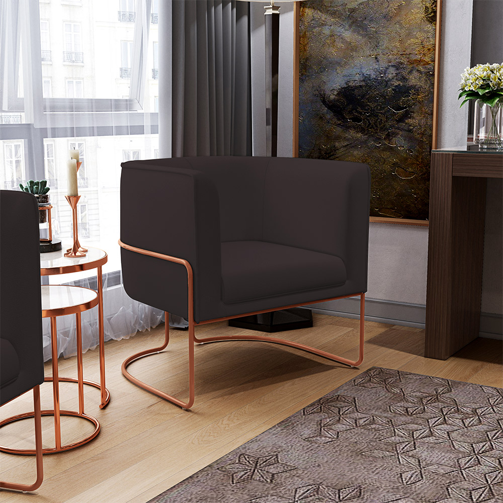Poltrona Decorativa Fixa Base De Aço Cobre Betina D02 Corano Marrom B-98 - Lyam Decor