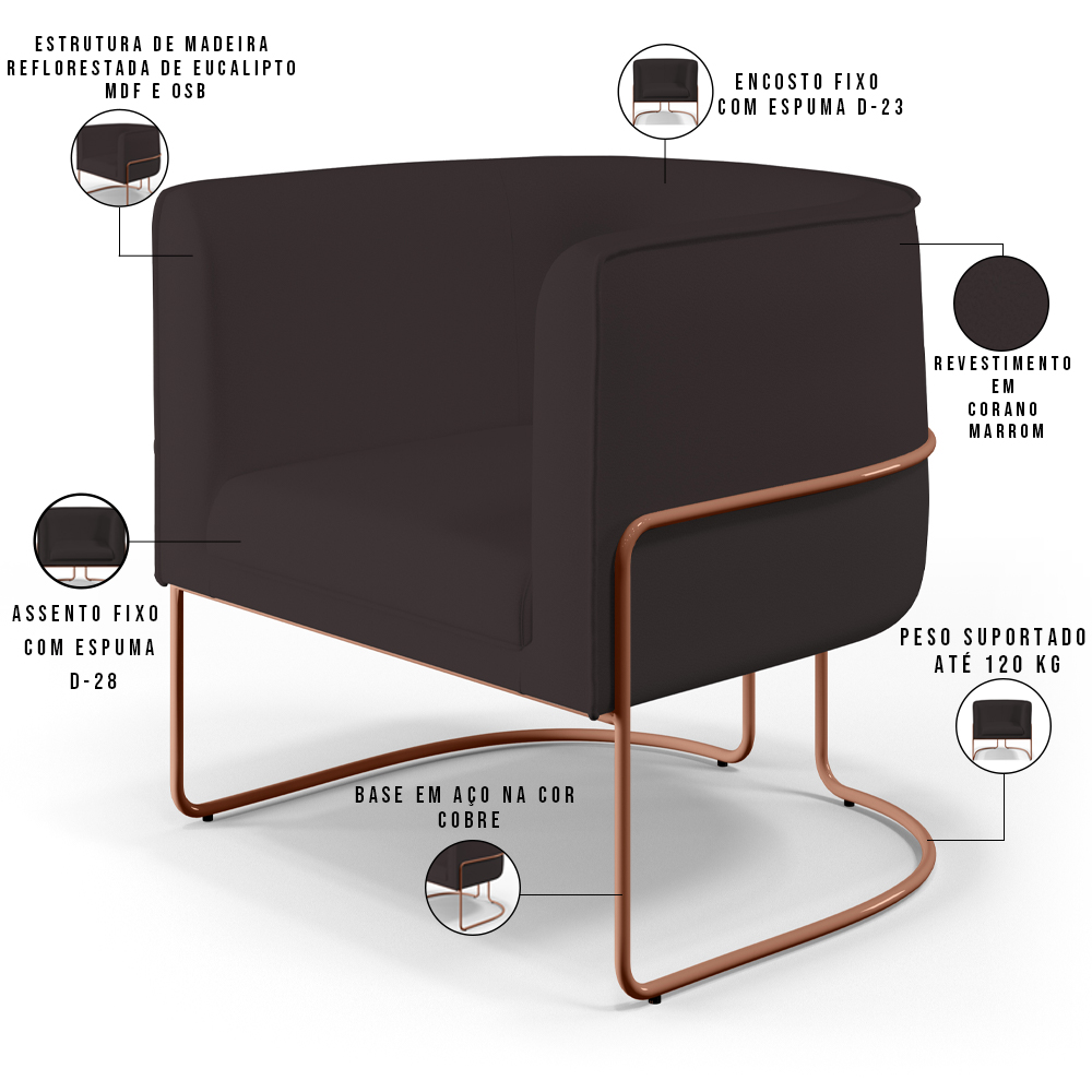 Poltrona Decorativa Fixa Base De Aço Cobre Betina D02 Corano Marrom B-98 - Lyam Decor
