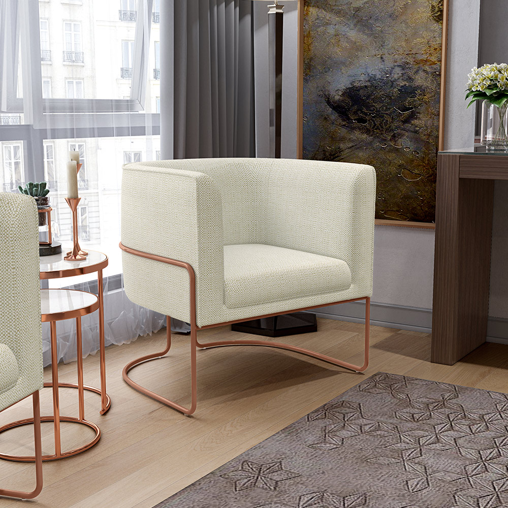 Poltrona Decorativa Fixa Base De Aço Cobre Betina D02 Linho Champagne A-49 - Lyam Decor