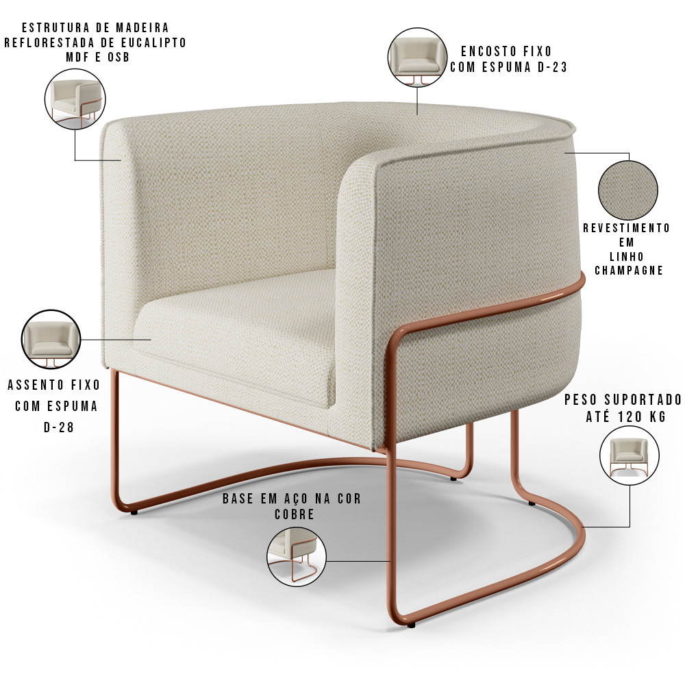 Poltrona Decorativa Fixa Base De Aço Cobre Betina D02 Linho Champagne A-49 - Lyam Decor