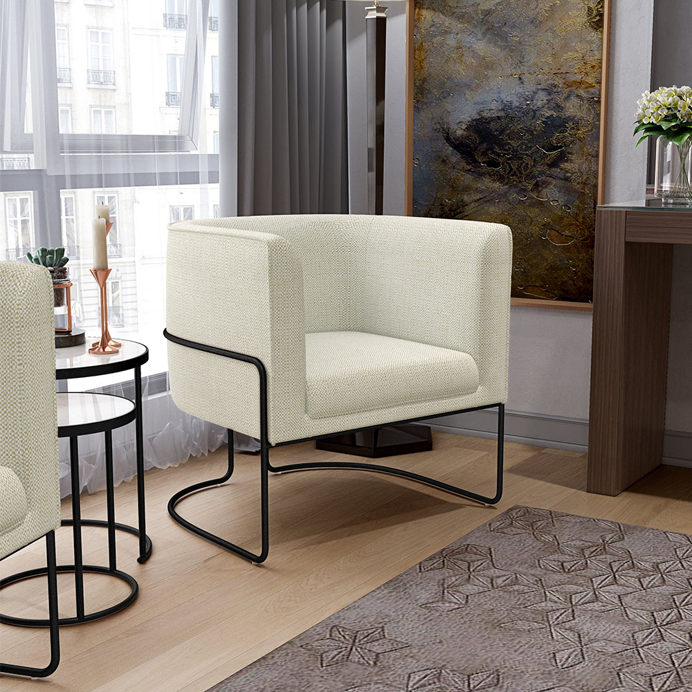 Poltrona Decorativa Fixa Base De Aço Preto Betina D02 Linho Champagne A-49 - Lyam Decor