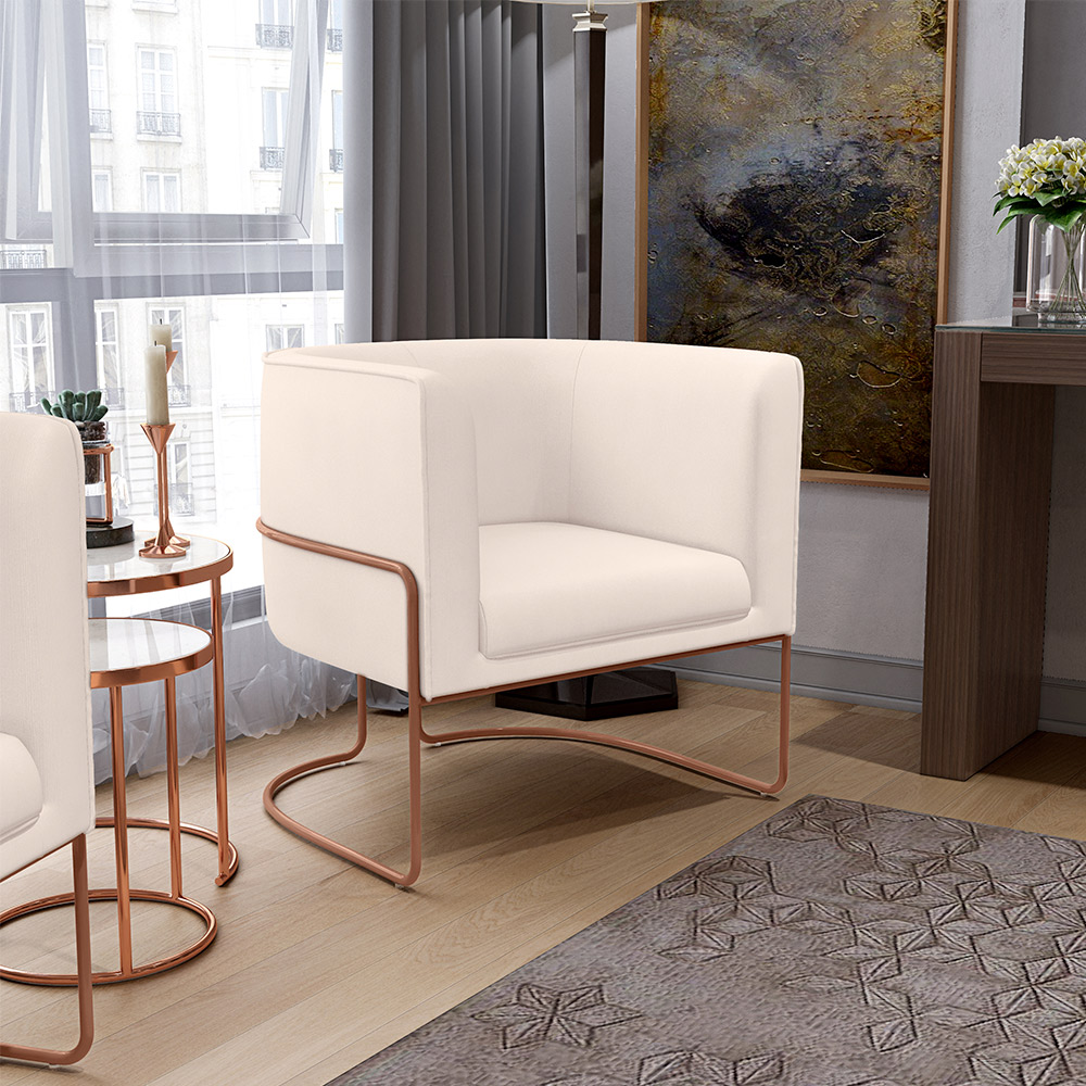 Poltrona Decorativa Fixa Base de Aço Cobre Betina D02 Veludo Bege C-309 - Lyam Decor