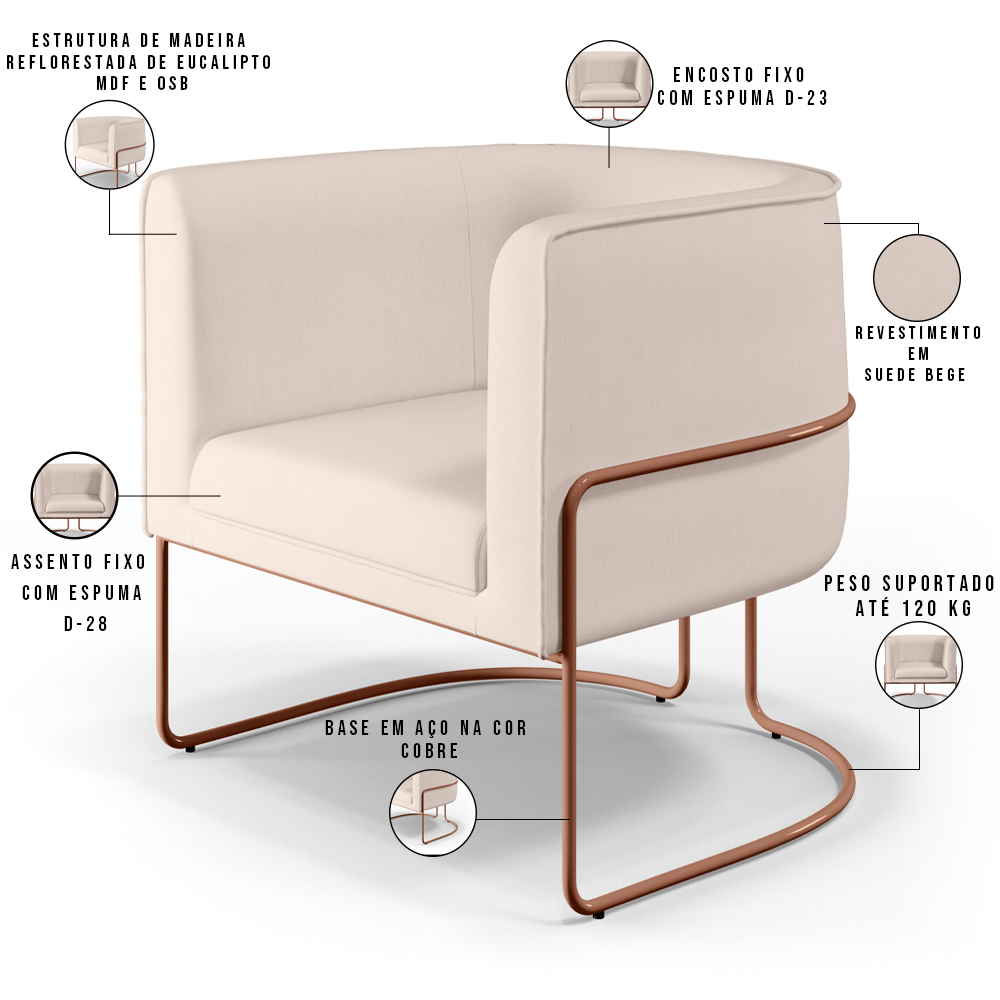 Poltrona Decorativa Fixa Base de Aço Cobre Betina D02 Veludo Bege C-309 - Lyam Decor