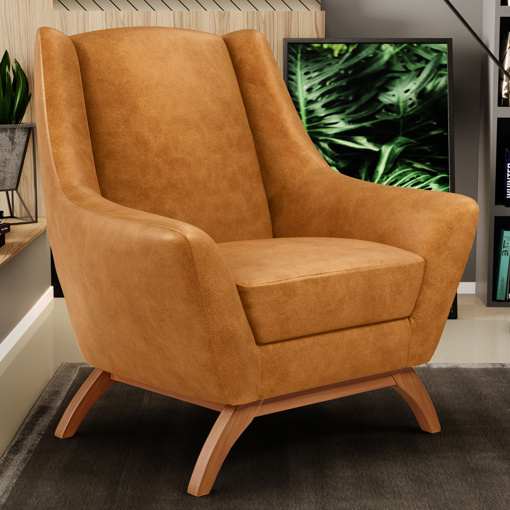 Poltrona Decorativa Fixa Base de Madeira Castanho Juliet D02 Couríssimo Whisky B-90 - Lyam Decor