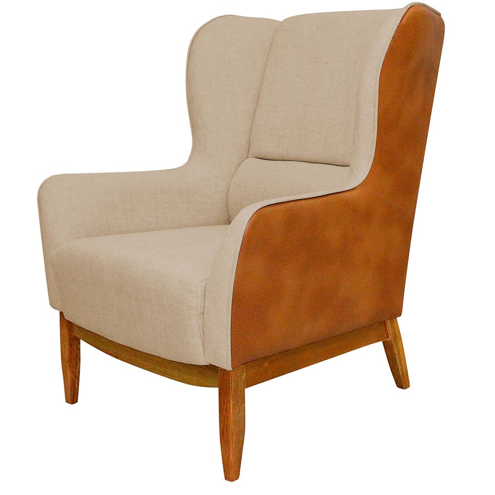 Poltrona Decorativa Fixa Base de Madeira Milena D02 Linho Bege C-129 Corano Marrom  - Lyam Decor