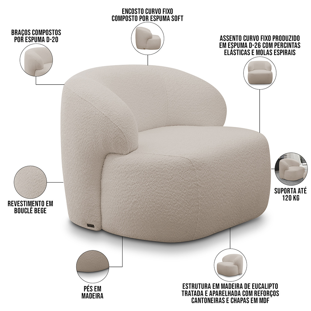 Poltrona Decorativa Fixa Orgânica Para Sala Living Barolo L06 Bouclê Bege - Lyam Decor