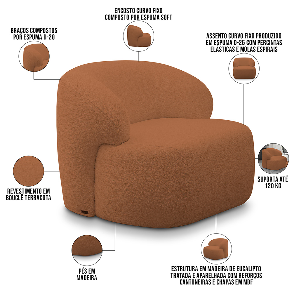 Poltrona Decorativa Fixa Orgânica Para Sala Living Barolo L06 Bouclê Terracota - Lyam Decor