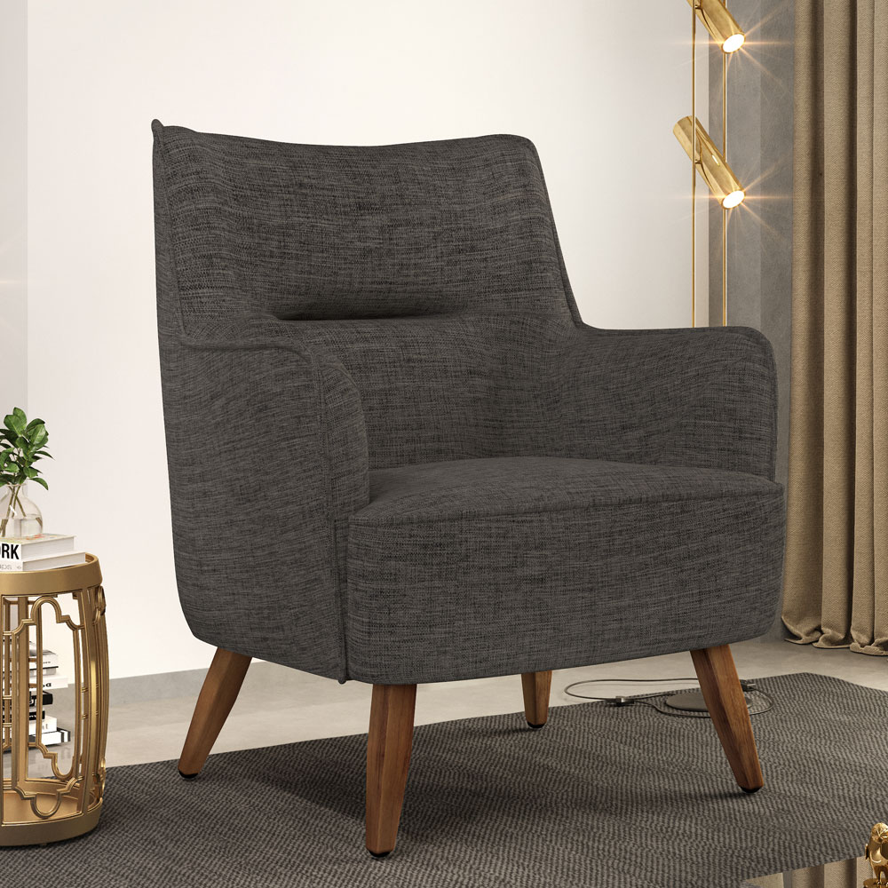 Poltrona Decorativa Fixa Pés de Madeira Isabella D02 Linho Cinza Escuro C-416 - Lyam Decor
