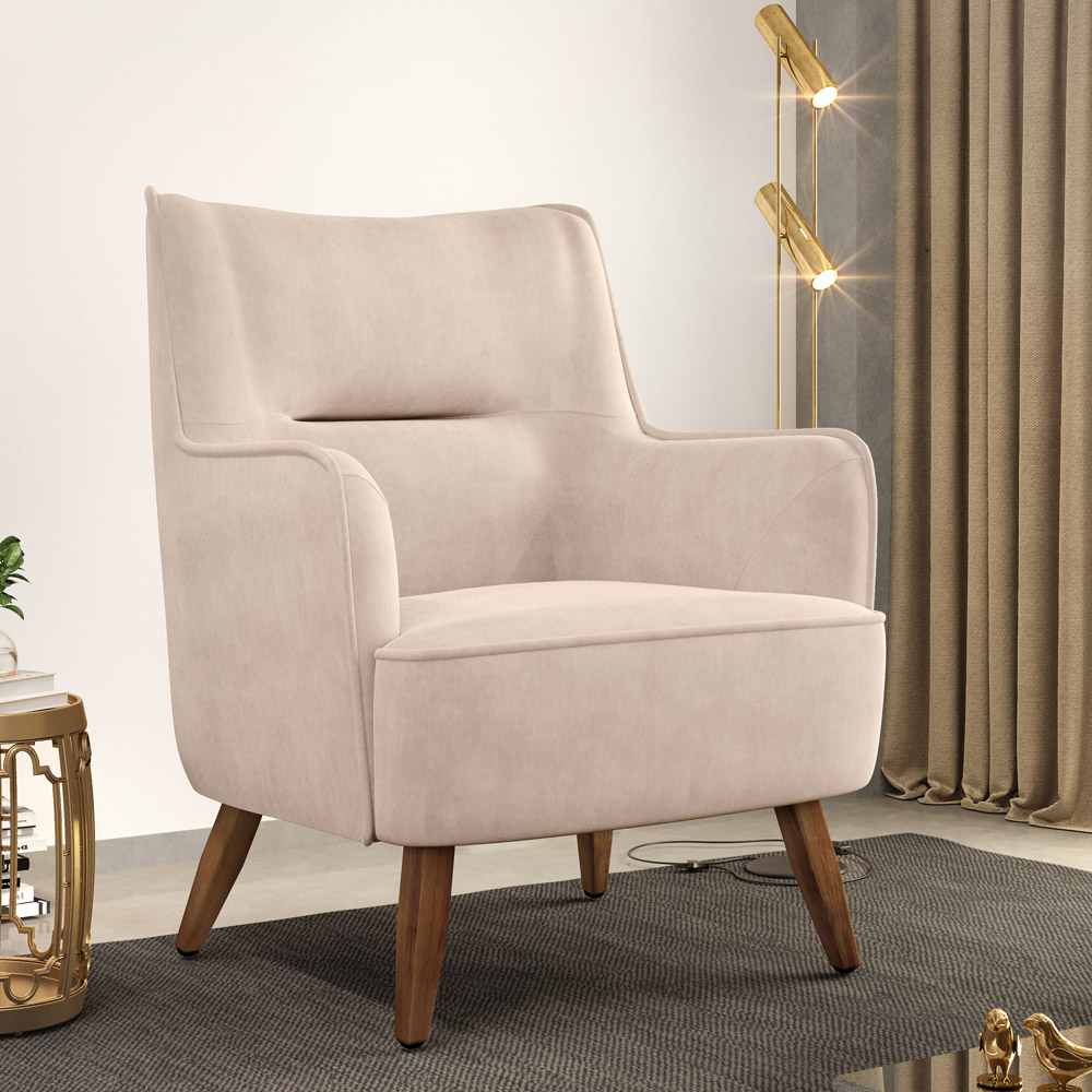 Poltrona Decorativa Fixa Pés de Madeira Isabella D02 Veludo Bege C-309 - Lyam Decor