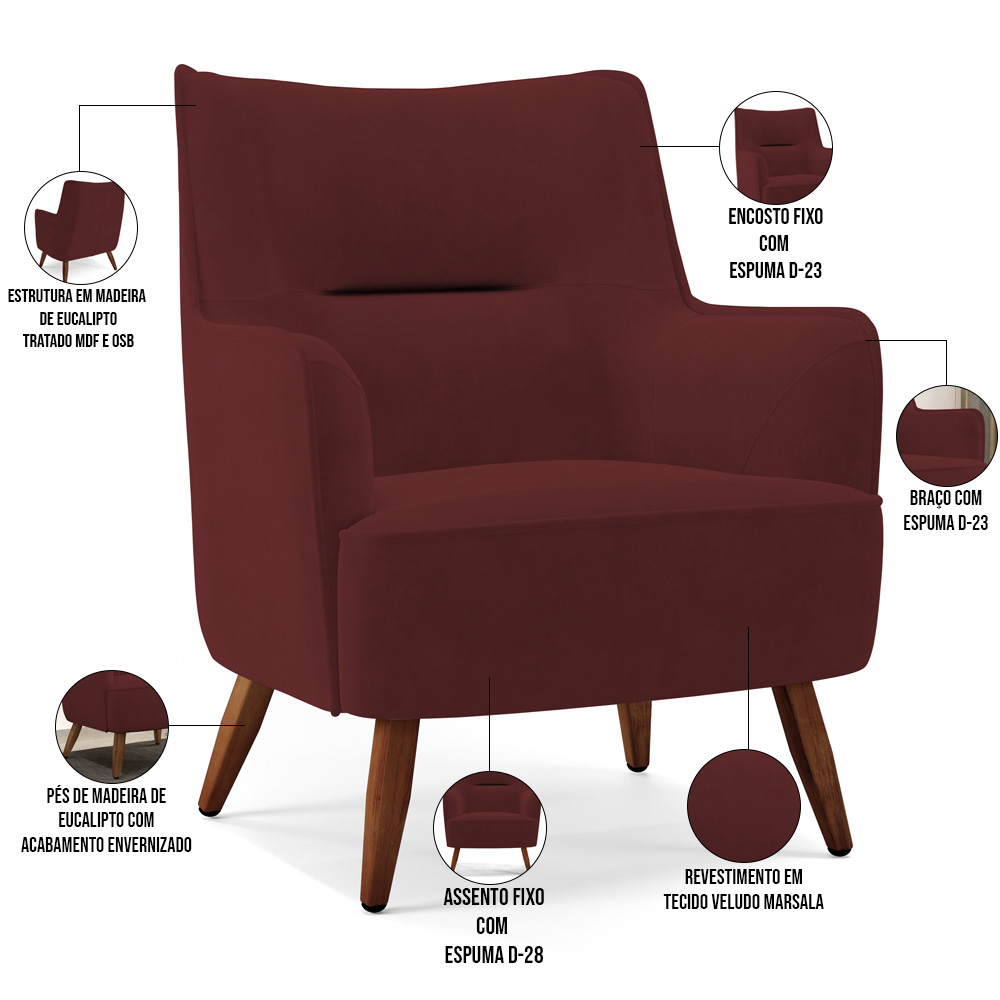 Poltrona Decorativa Fixa Pés de Madeira Isabella D02 Veludo Marsala C-278 - Lyam Decor