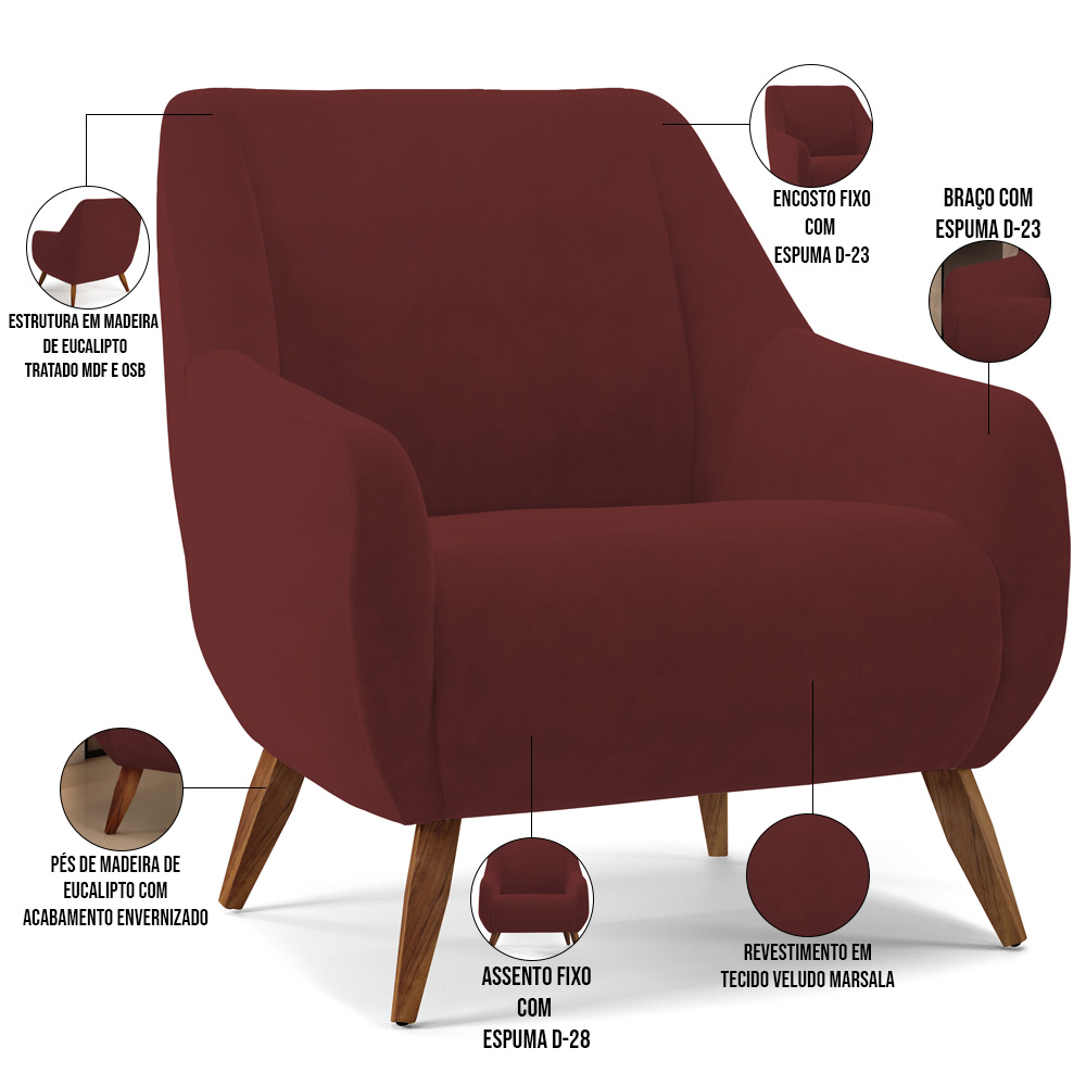 Poltrona Decorativa Fixa Pés de Madeira Paloma D02 Veludo Marsala C-278 - Lyam Decor