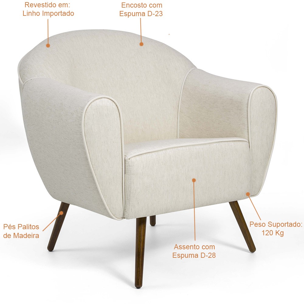 Poltrona Decorativa Fixa com Pés Palito Nina D02 Linho Bege B-298 - Lyam Decor