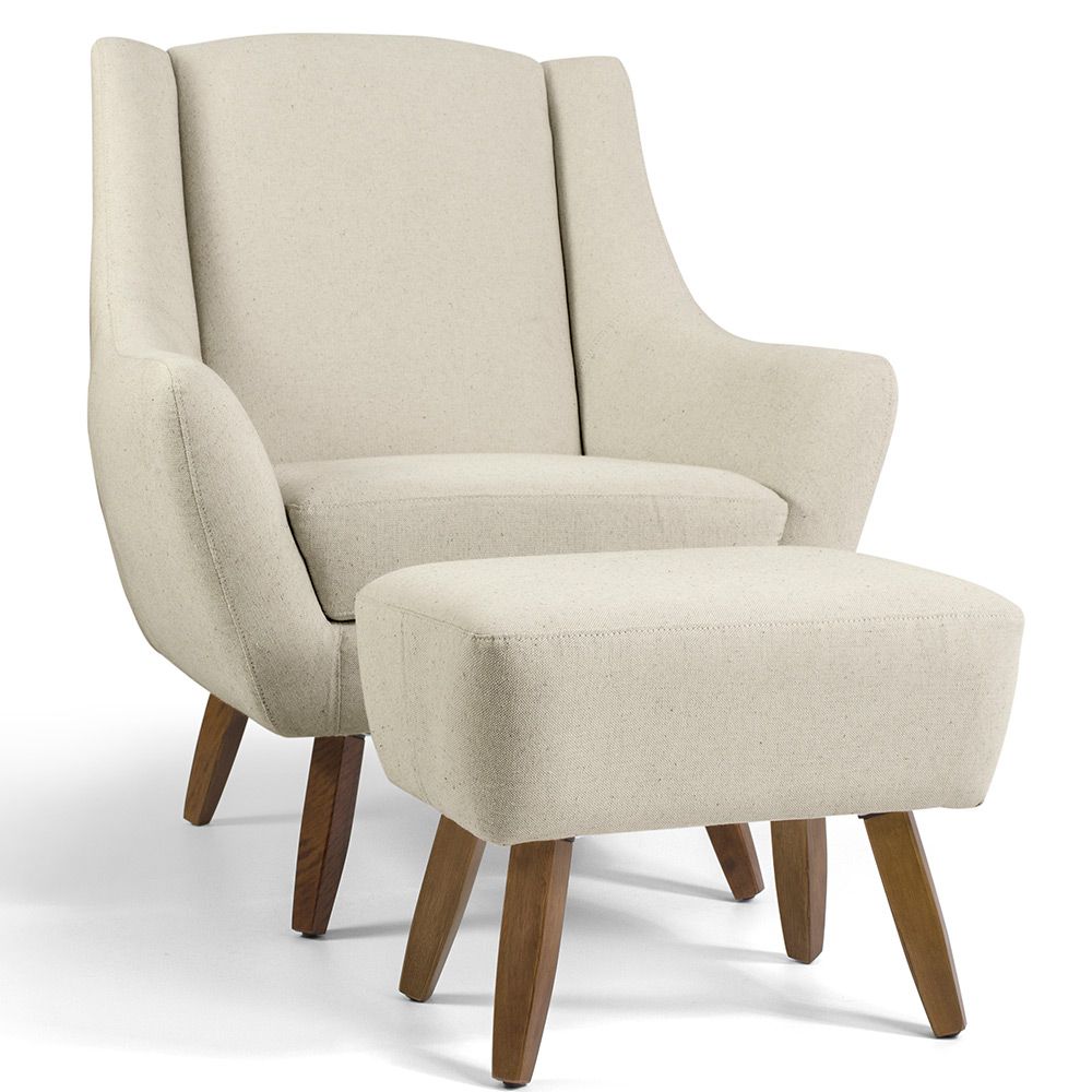 Poltrona Decorativa Fixa com Puff Pés de Madeira Juliet D02 Algodão Bege C-370 - Lyam Decor