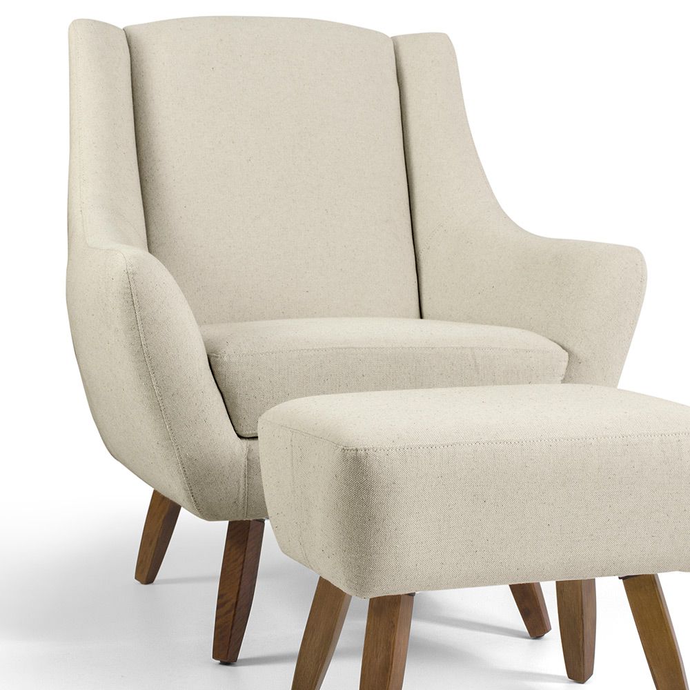 Poltrona Decorativa Fixa com Puff Pés de Madeira Juliet D02 Algodão Bege C-370 - Lyam Decor