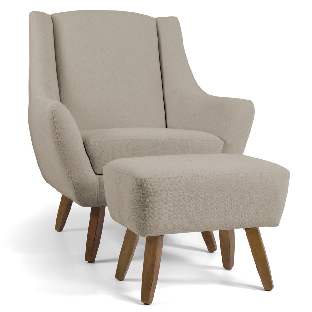 Poltrona Decorativa Fixa com Puff Pés de Madeira Juliet D02 Linho Bege C-129 - Lyam Decor