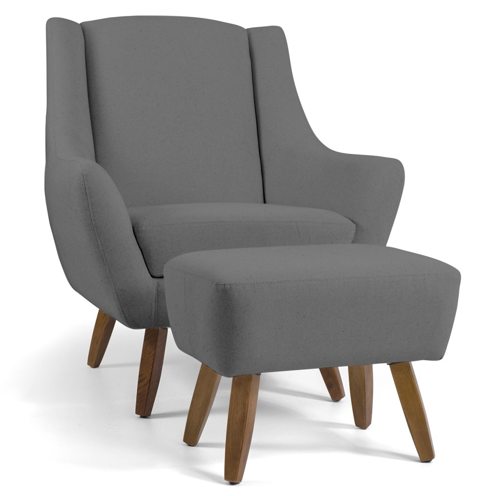 Poltrona Decorativa Fixa com Puff Pés de Madeira Juliet D02 Linho Cinza C-416 - Lyam Decor