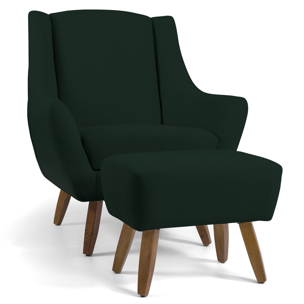 Poltrona Decorativa Fixa com Puff Pés de Madeira Juliet D02 Linho Verde C-117 - Lyam Decor