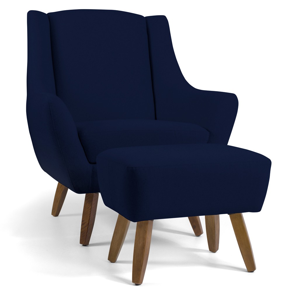 Poltrona Decorativa Fixa com Puff Pés de Madeira Juliet D02 Veludo Azul Marinho C-287 - Lyam Decor