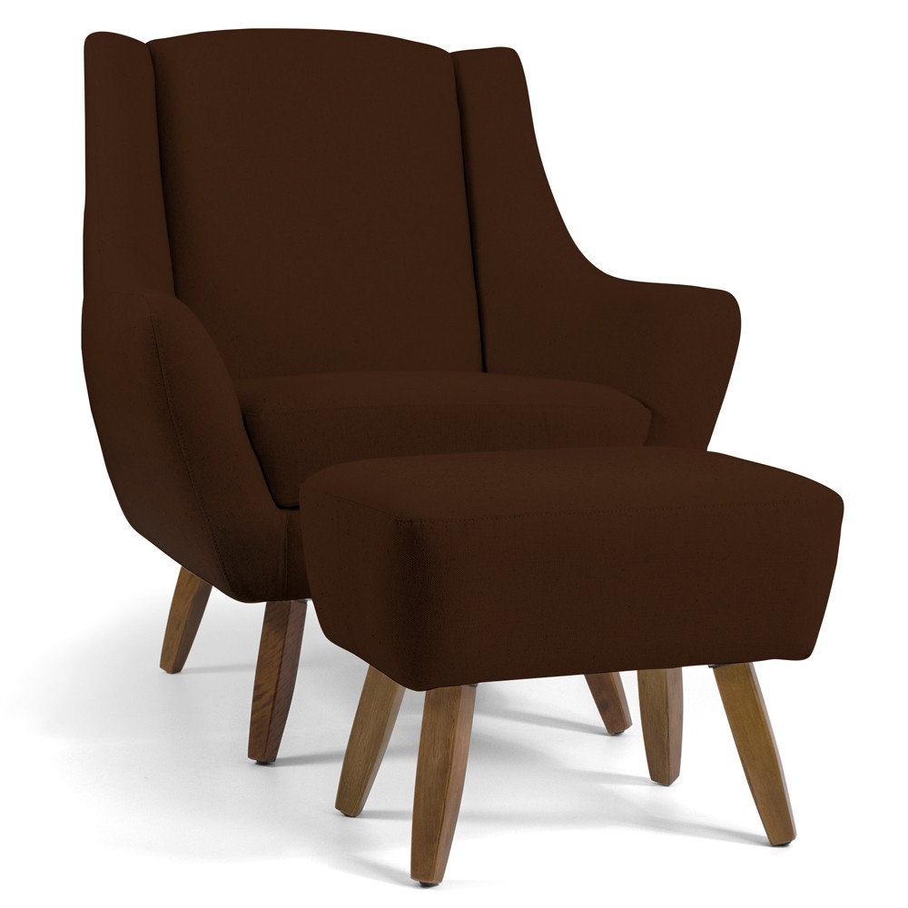 Poltrona Decorativa Fixa com Puff Pés de Madeira Juliet D02 Veludo Marrom C-276 - Lyam Decor