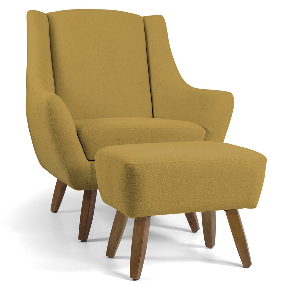 Poltrona Decorativa Fixa com Puff Pés de Madeira Juliet D02 Veludo Mostarda C-279 - Lyam Decor