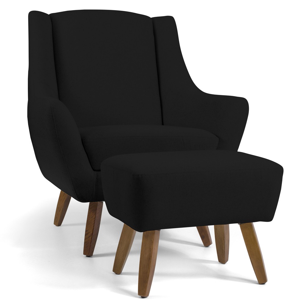 Poltrona Decorativa Fixa com Puff Pés de Madeira Juliet D02 Veludo Preto C-300 - Lyam Decor