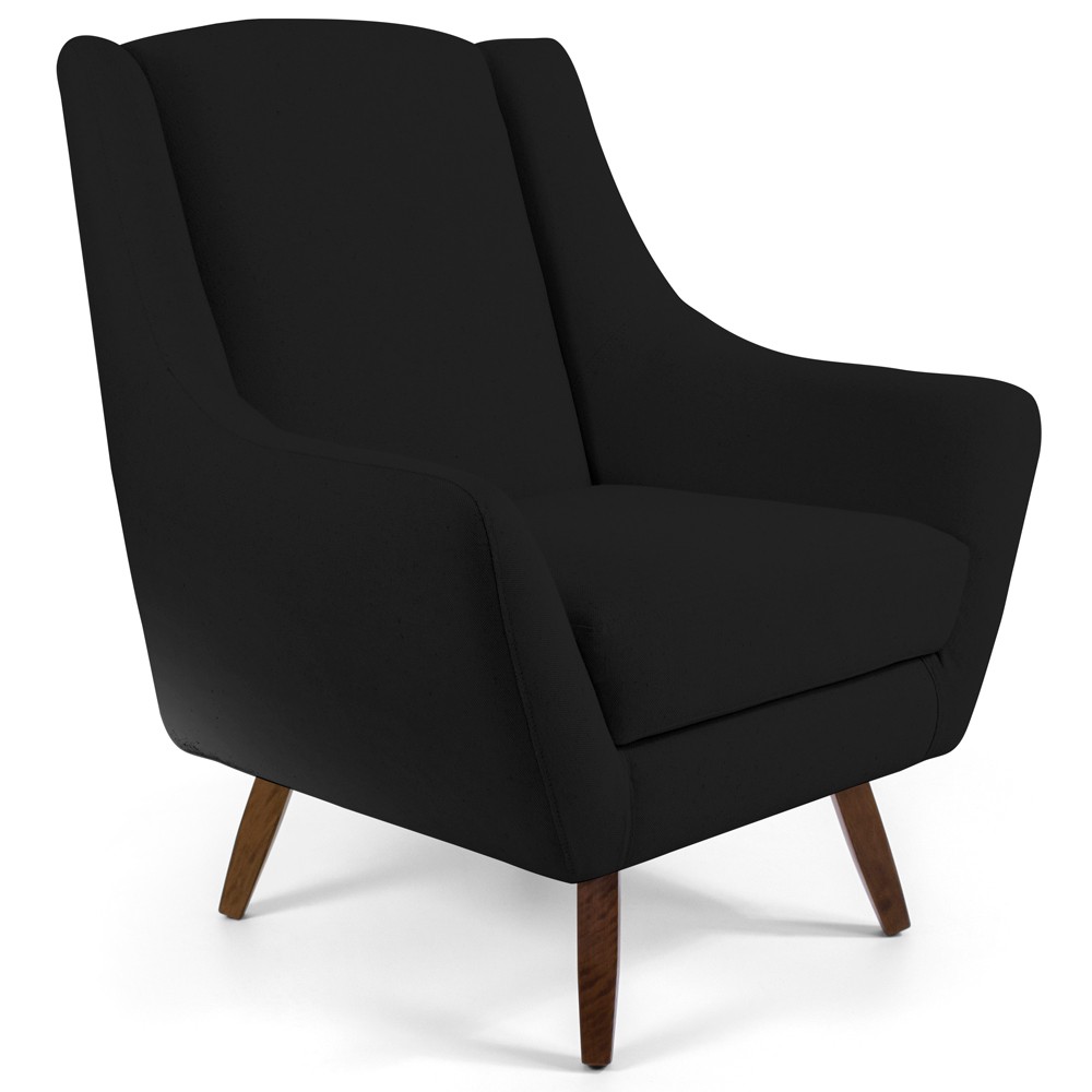 Poltrona Decorativa Fixa com Puff Pés de Madeira Juliet D02 Veludo Preto C-300 - Lyam Decor