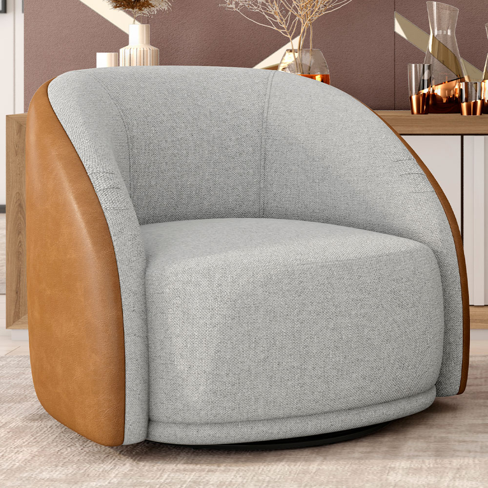 Poltrona Decorativa Giratória Angelina M03 Couríssimo Whisky Linho Cinza - Lyam Decor