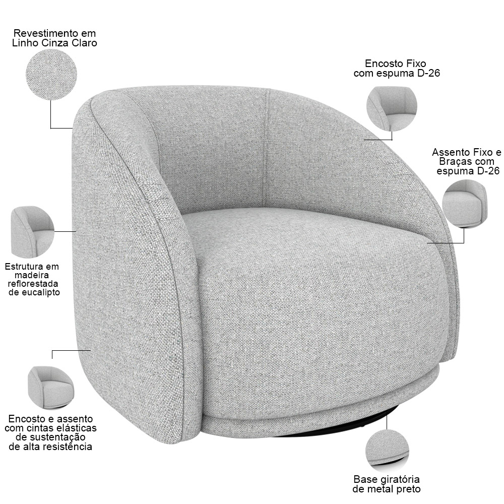 Poltrona Decorativa Giratória Angelina M03 Linho Cinza Claro - Lyam Decor