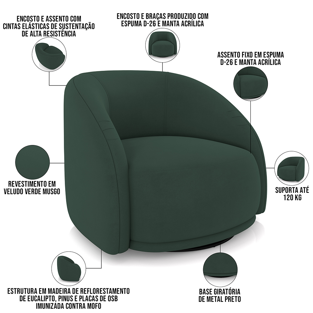 Poltrona Decorativa Giratória Angelina M03 Veludo Verde Musgo - Lyam Decor