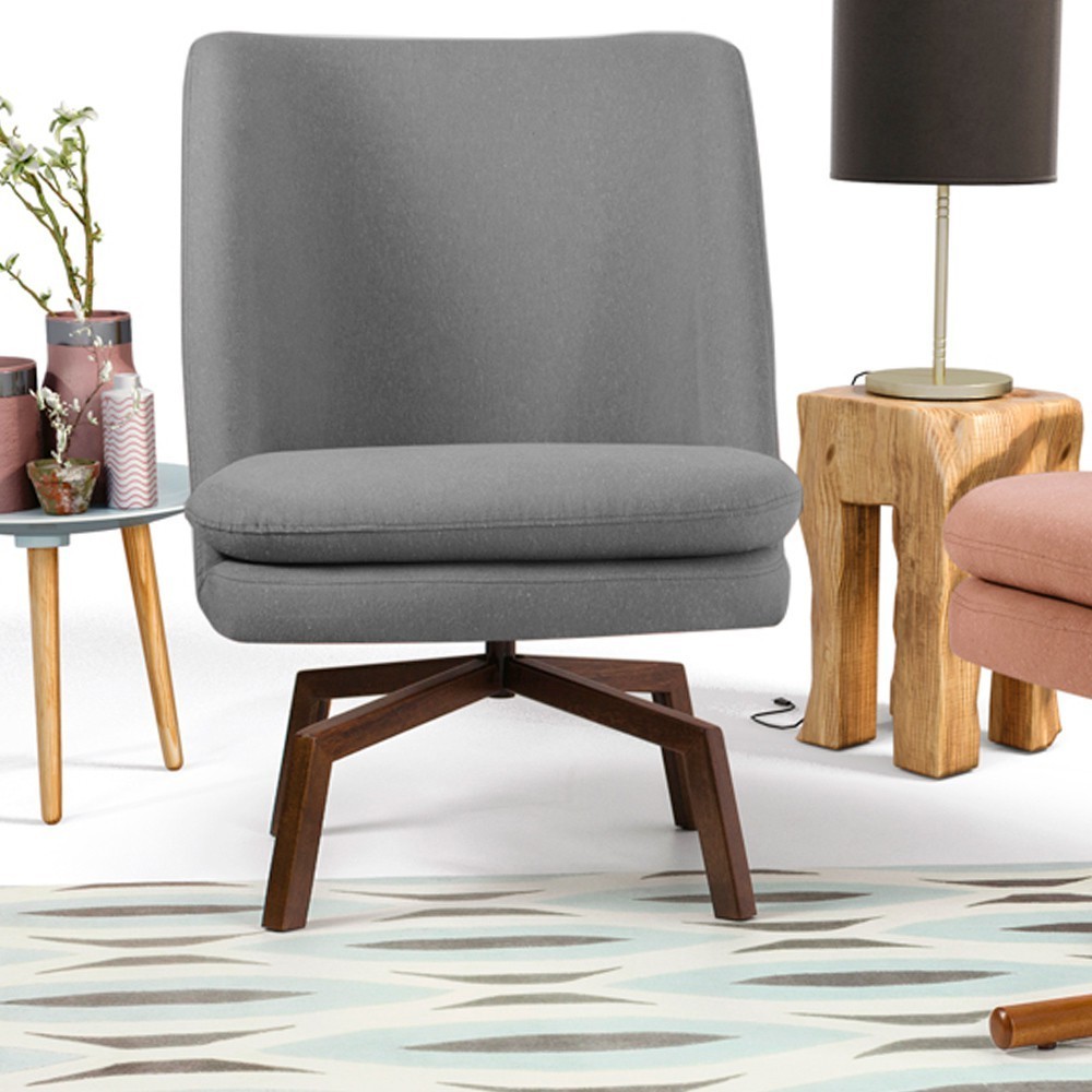 Poltrona Decorativa Giratória Base Ka Castanho Pérsia D02 Linho Cinza C-416 - Lyam Decor
