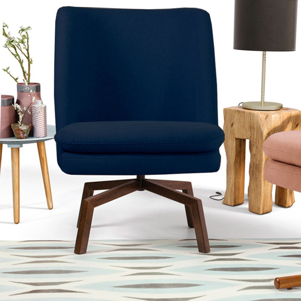 Poltrona Decorativa Giratória Base Ka Castanho Pérsia D02 Veludo Azul Oxford B-304 - Lyam Decor