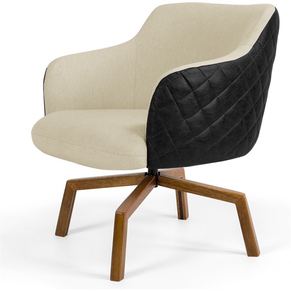 Poltrona Decorativa Giratória Base Ka Jade D02 Linho Bege C-129 Tressê Corano Preto - Lyam Decor